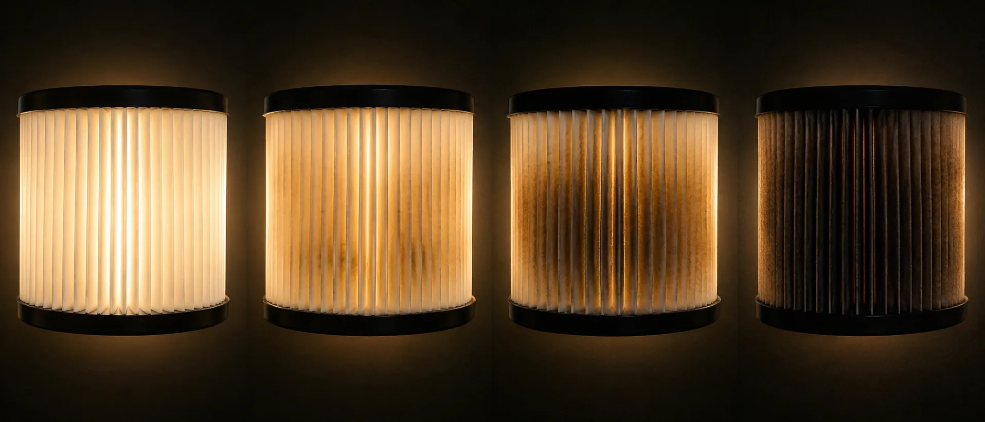 Four backlit lawn mower paper air filter cartridges at 25, 50, 75, and 100 engine hours, showing the gradual loss of light transmission as the filter becomes clogged with dirt.