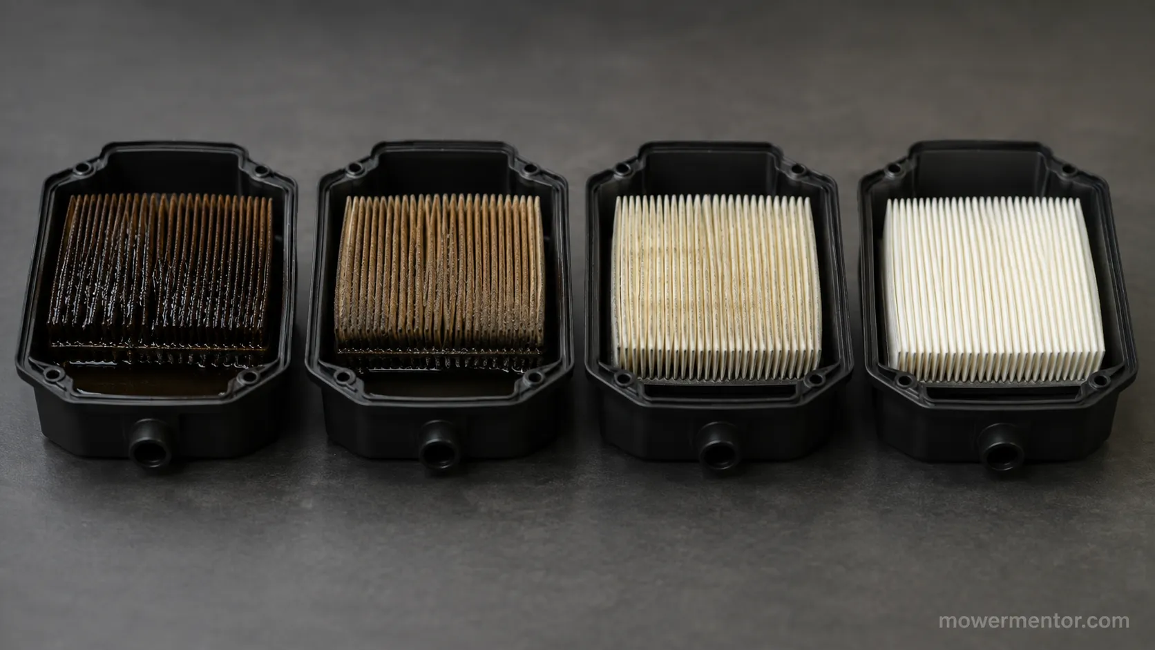 Four lawn mower air filter housings showing heavy oil flooding, moderate oil film, light oil misting, and a clean filter under identical lighting.