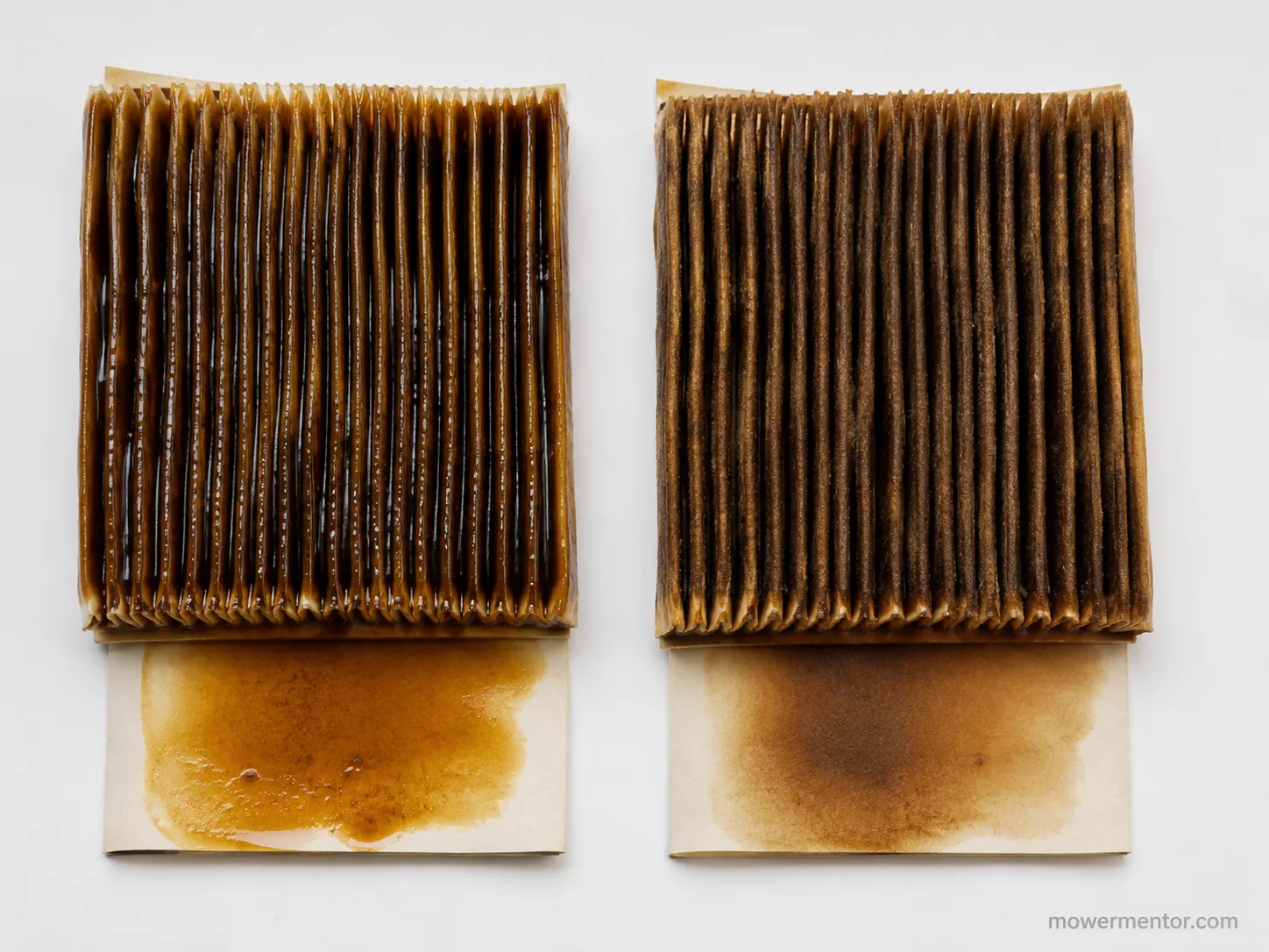 Lawn mower paper air filter shown wet at hour zero and matte after 72 hours of drying, with heavy dark amber engine oil staining
