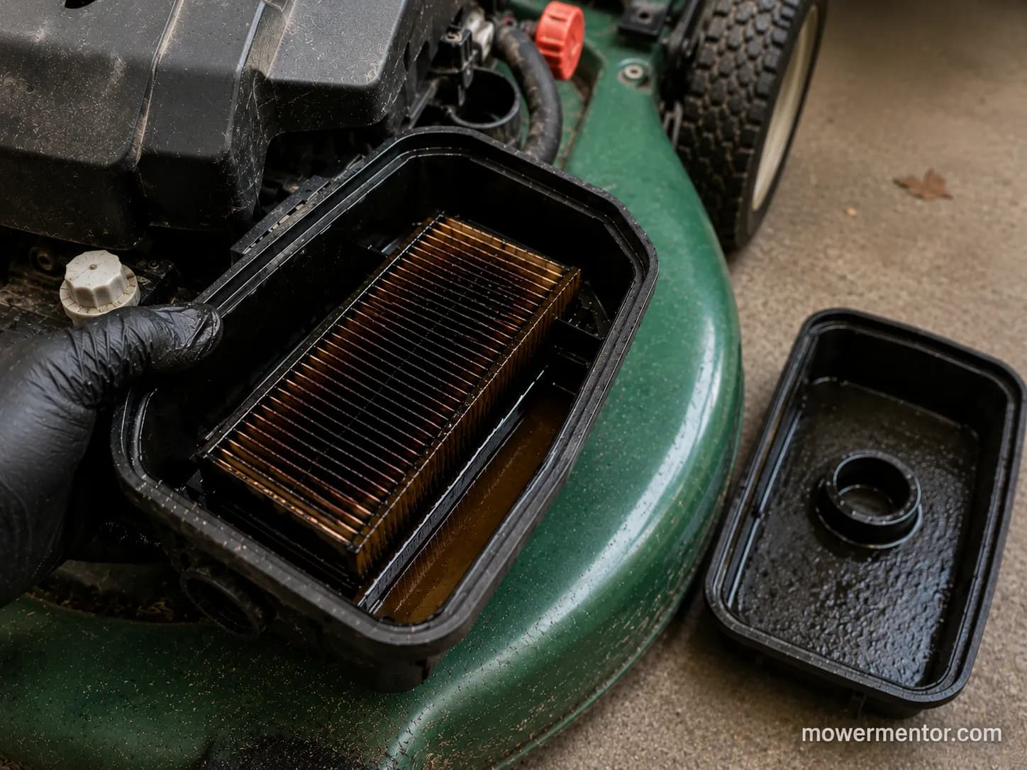 Open lawn mower airbox with an oil-saturated pleated paper filter seated inside and engine oil pooled in the bottom of the housing.