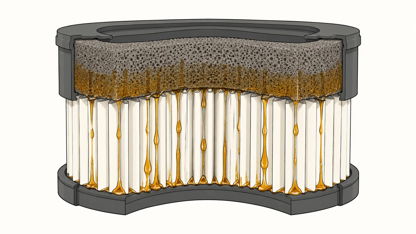 Technical cutaway diagram of a dual-stage lawn mower air filter showing excess oil saturating the outer foam sleeve and dripping through the inner pleated paper filter.