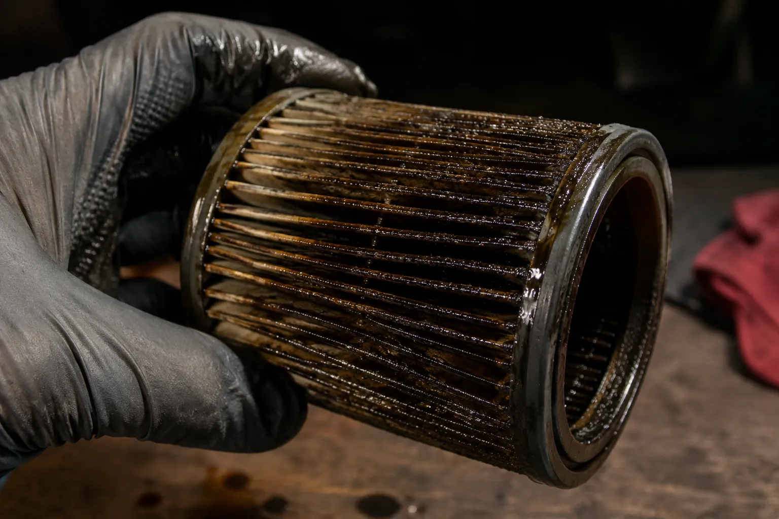 Oil-soaked lawn mower paper air filter after the mower was tipped carburetor-side down, showing dark oil-stained pleats held in a gloved hand above a workbench.
