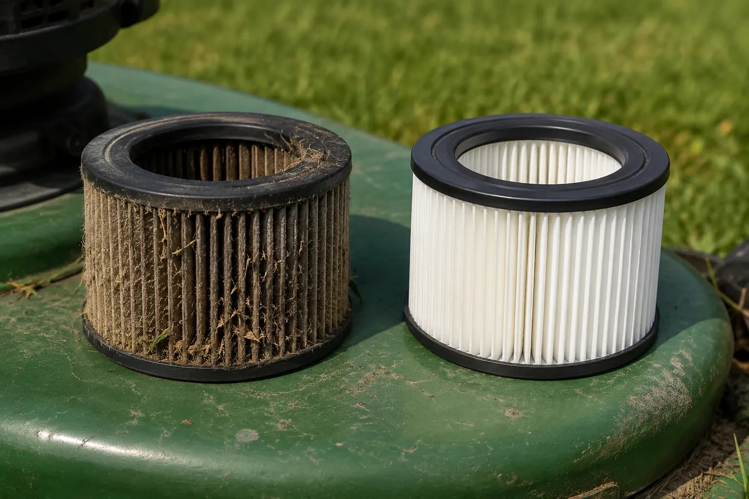Old and new lawn mower air filter cartridges resting side by side on a green mower deck, showing the contrast between a clogged dirty filter and a clean replacement in outdoor daylight.