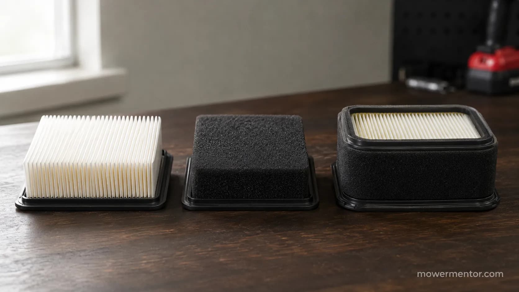Paper, foam, and dual-element lawn mower air filters arranged side by side on a workbench for comparison.
