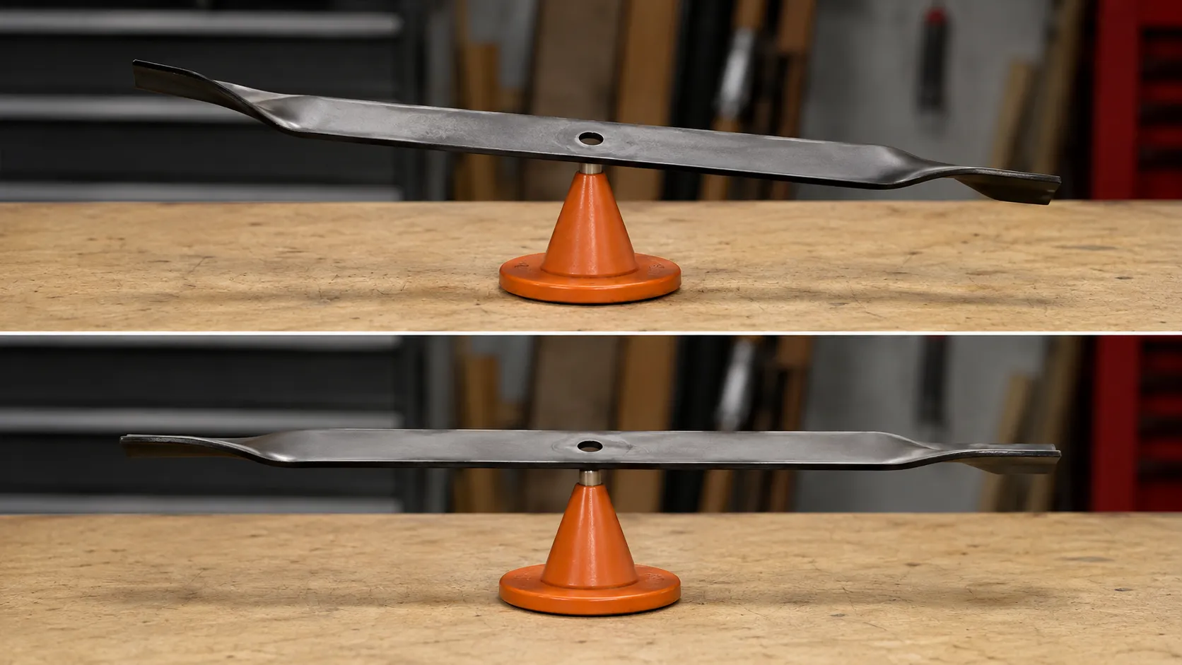Freshly sharpened lawn mower blade resting on a cone blade balancer, first tipping to one side from imbalance and then sitting level after balance correction on a workshop bench.