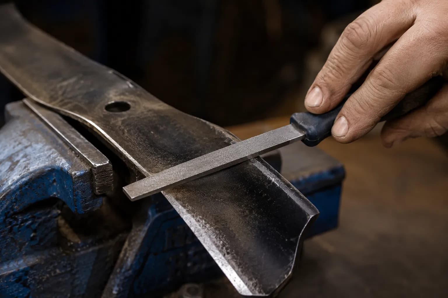 Close-up of a lawn mower blade clamped in a bench vise while a hand sharpens the factory bevel with a flat mill file, removing metal in a single direction under workshop lighting.