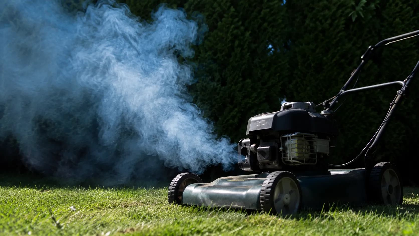 Walk-behind lawn mower emitting pale blue exhaust smoke on a lawn, showing a common symptom of an overfilled engine oil level shortly after startup.