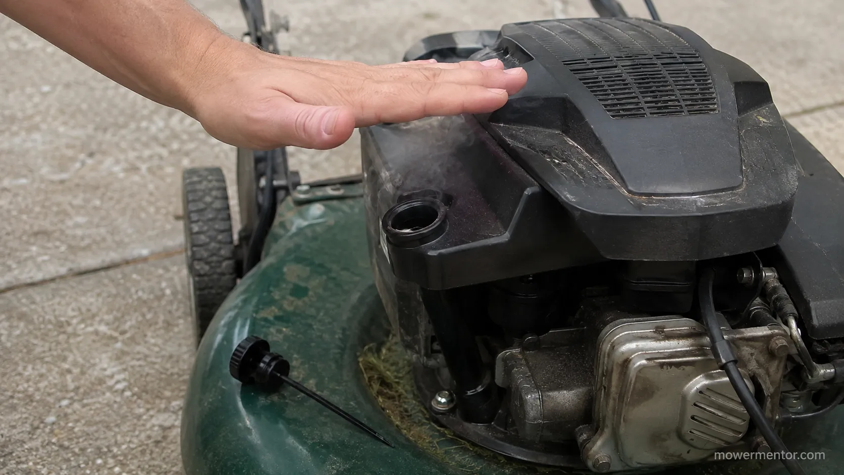 Hand held over an open lawn mower oil fill tube during a crankcase pressure test, with the dipstick removed and engine running on a concrete driveway.