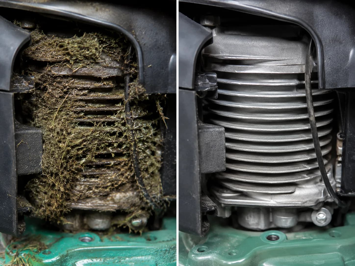Before-and-after close-up of a lawn mower engine cooling fin pack, showing dried grass clippings blocking the fins on the left and clean exposed aluminum fins after maintenance on the right.