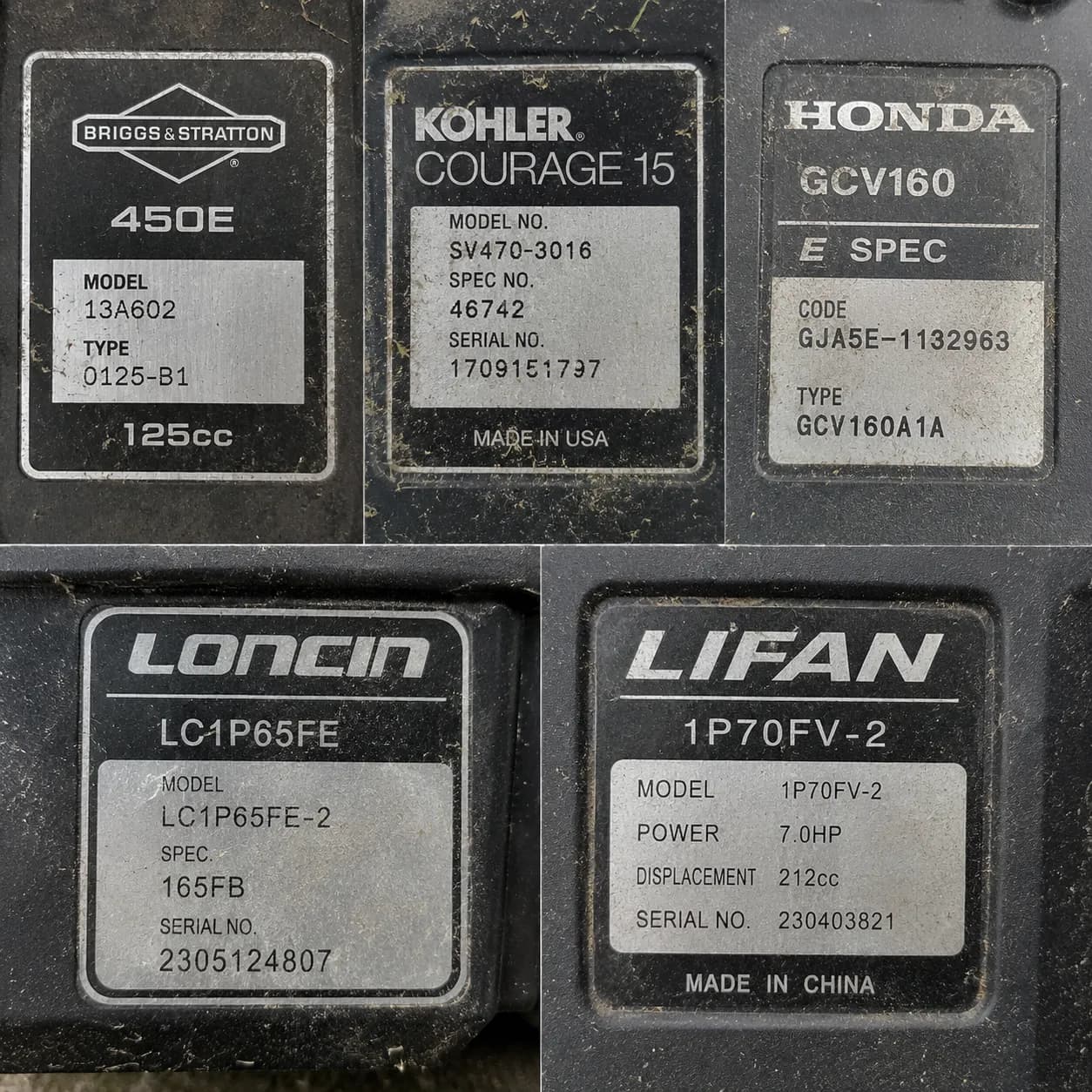 Grid of five worn lawn mower engine identification stickers showing model and type number labels on engine shrouds, illustrating that engine brands often differ from the mower deck brand.