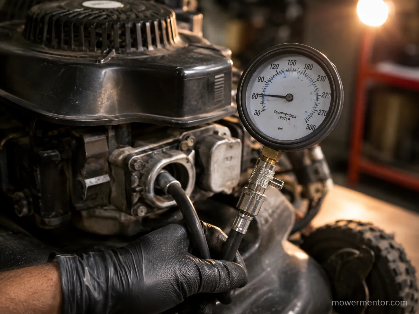 Compression tester threaded into a lawn mower engine spark plug port, with the gauge showing a low compression reading during an engine test.