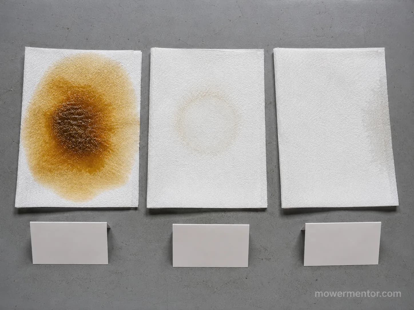 Lawn mower filter blot test on white paper towels showing an oily amber stain, faint gasoline ring, and nearly clean water result after ten minutes.