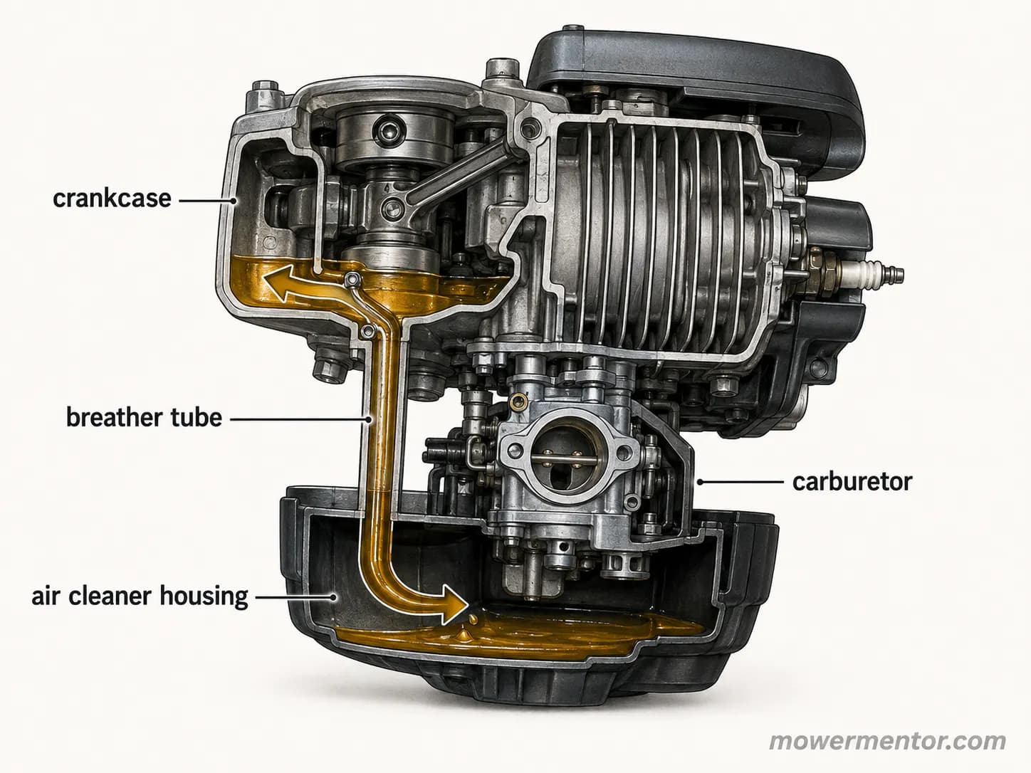 Technical diagram showing how engine oil travels from the crankcase through the breather tube into the air cleaner housing when a lawn mower engine is inverted.