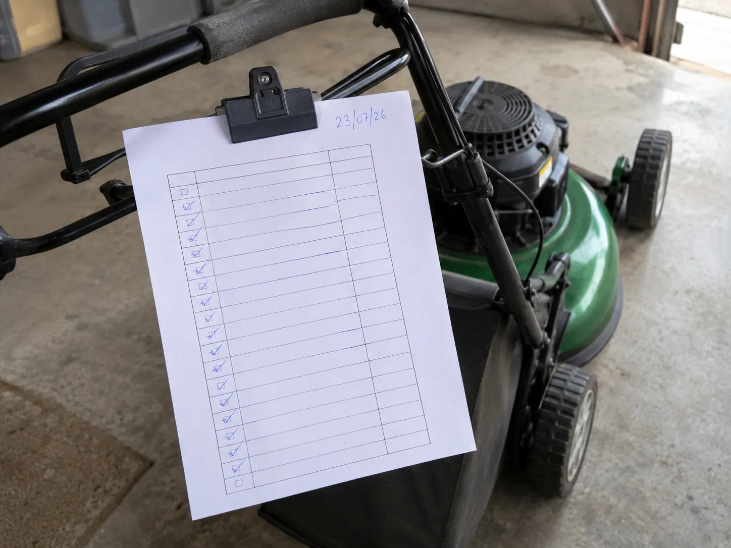 Completed lawn mower maintenance checklist with blue pen checkmarks and a handwritten date, clipped to a walk-behind mower handle in a garage, ready for the next user to follow.