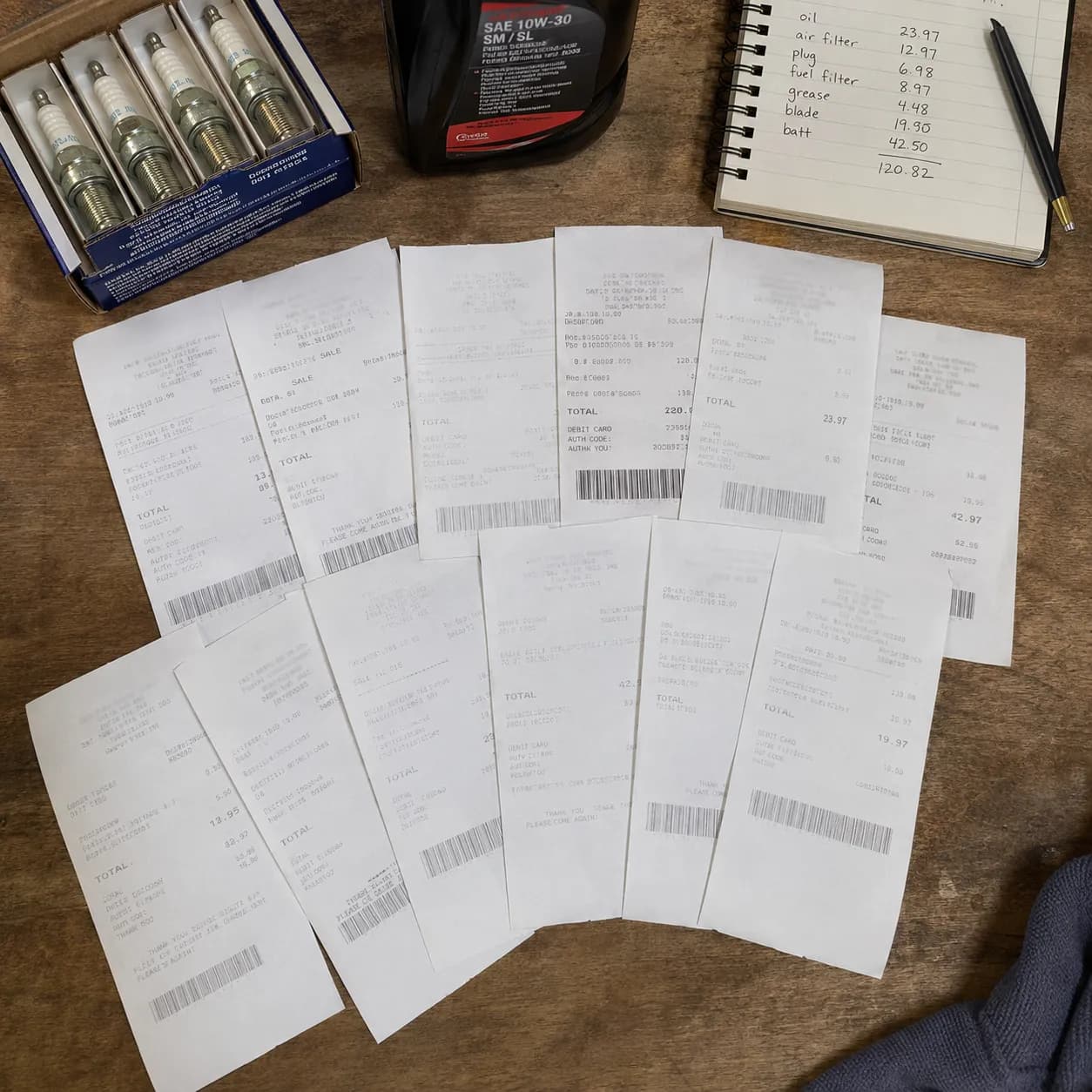 Overhead view of lawn mower maintenance receipts spread across a workbench beside engine oil, spark plugs, and a notebook documenting repair costs and service expenses.