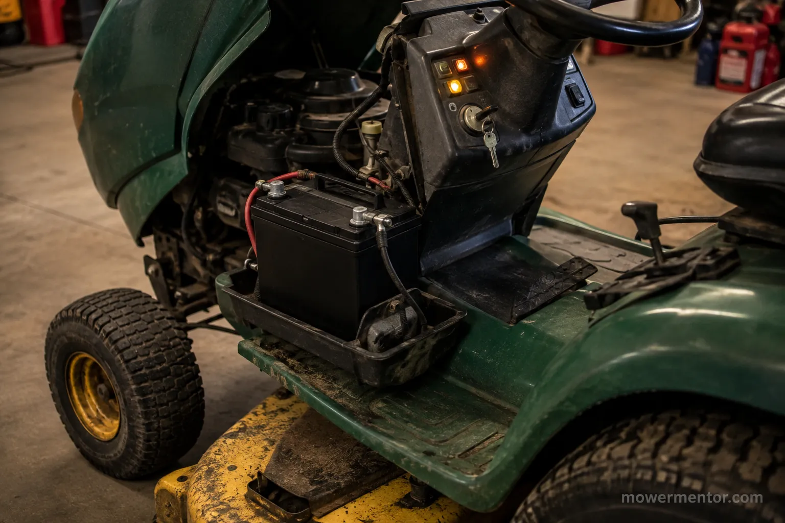 riding mower with a new battery installed, key at start, dash lit but not cranking.