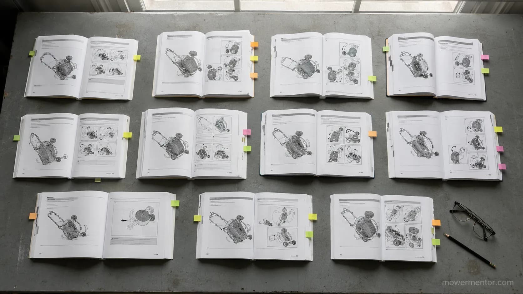 Eleven lawn mower operator manuals open to tipping instructions and maintenance diagrams on a workbench, with sticky tabs, glasses and pencil.