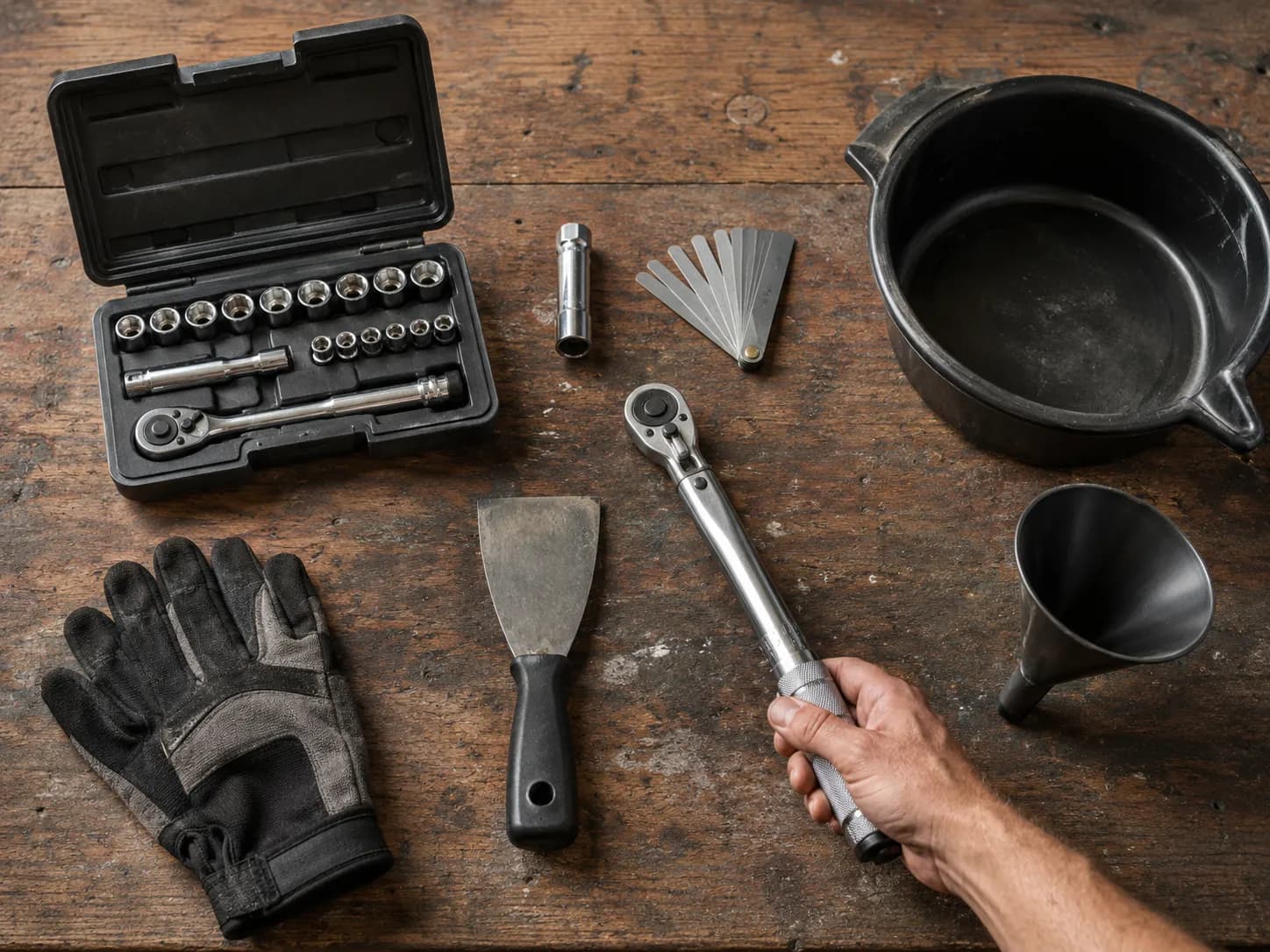 Overhead view of a lawn mower service tool kit on a wooden workbench with a socket set, spark plug socket, feeler gauge, torque wrench, putty knife, oil drain pan, funnel, and work gloves.