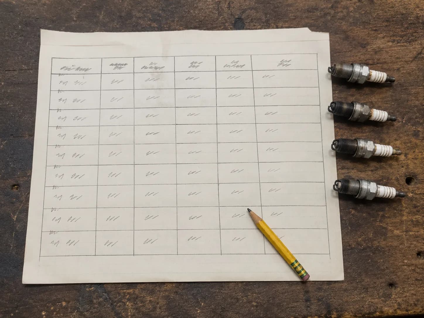 Overhead view of a handwritten intake worksheet on a workshop bench with four used spark plugs and a pencil, documenting inspection notes for nine lawn mower engine spark plug tests.