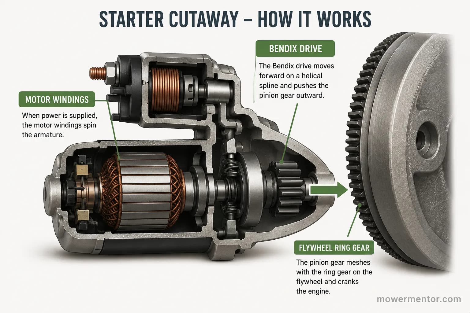lawn mower starter motor cutaway diagram showing motor, bendix drive and ring gear.