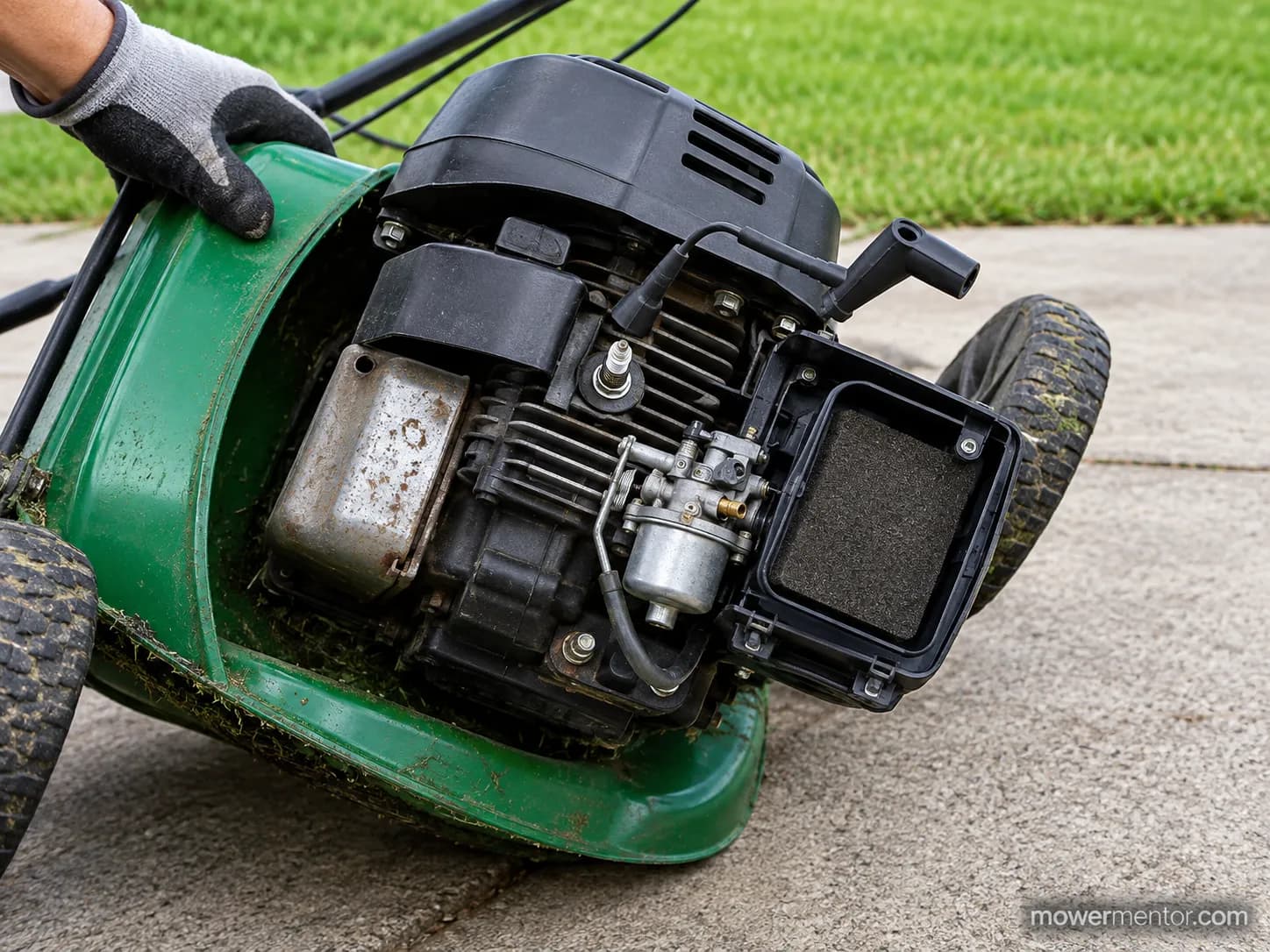 Walk-behind lawn mower tipped on its side with the carburetor and air filter facing up and the spark plug lead visibly disconnected during maintenance.