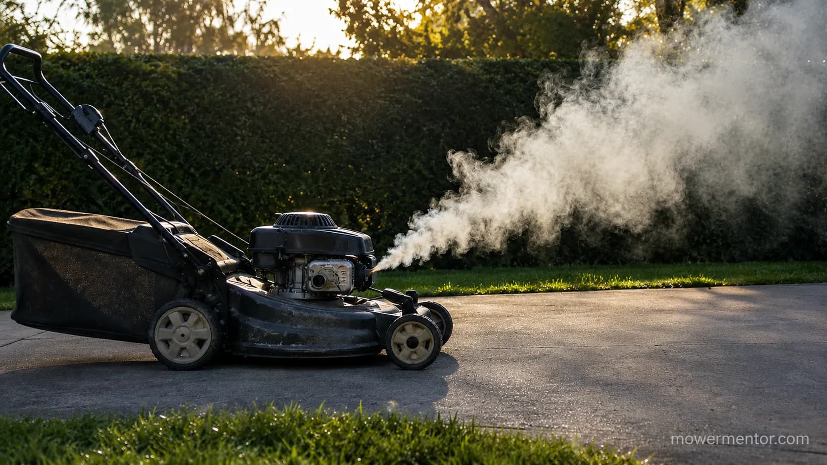 Walk-behind lawn mower producing a visible white exhaust plume during burn-off, backlit against a dark hedge on a concrete driveway