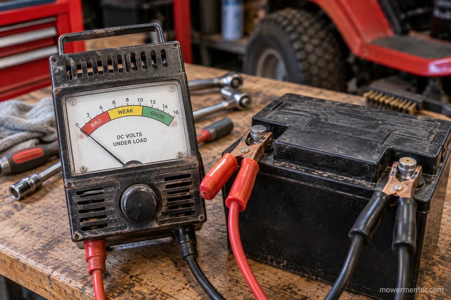 Load tester clamped to a Husqvarna riding mower battery showing a low reading under load.