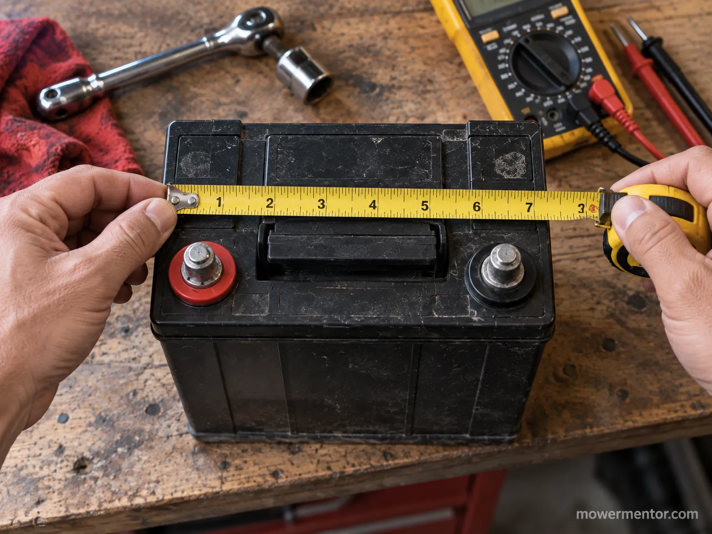 Hands measuring a Group U1 Troy-Bilt mower battery and checking positive-left terminal orintation.