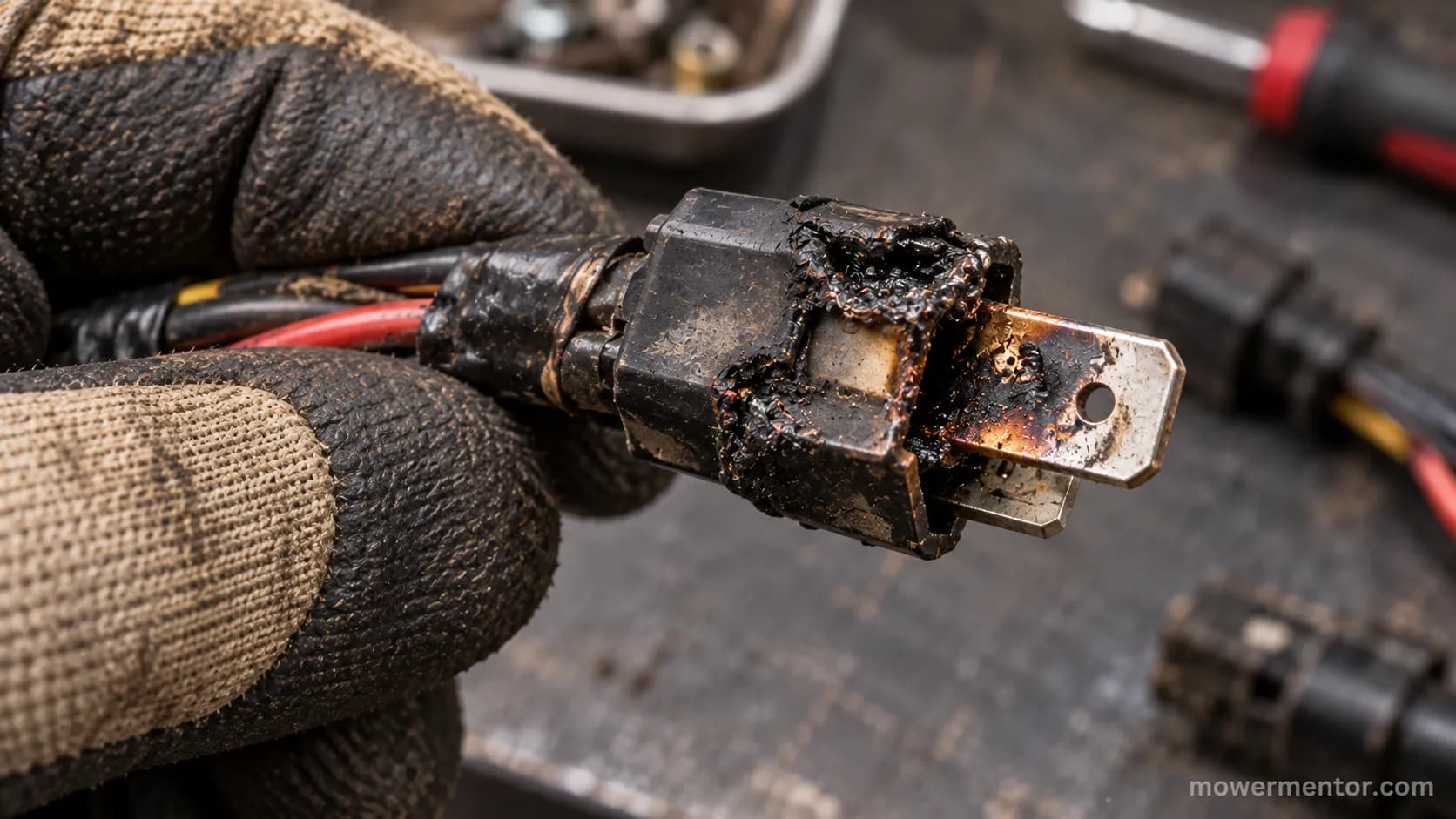 Melted and deformed spade connector on a lawn mower wiring harness