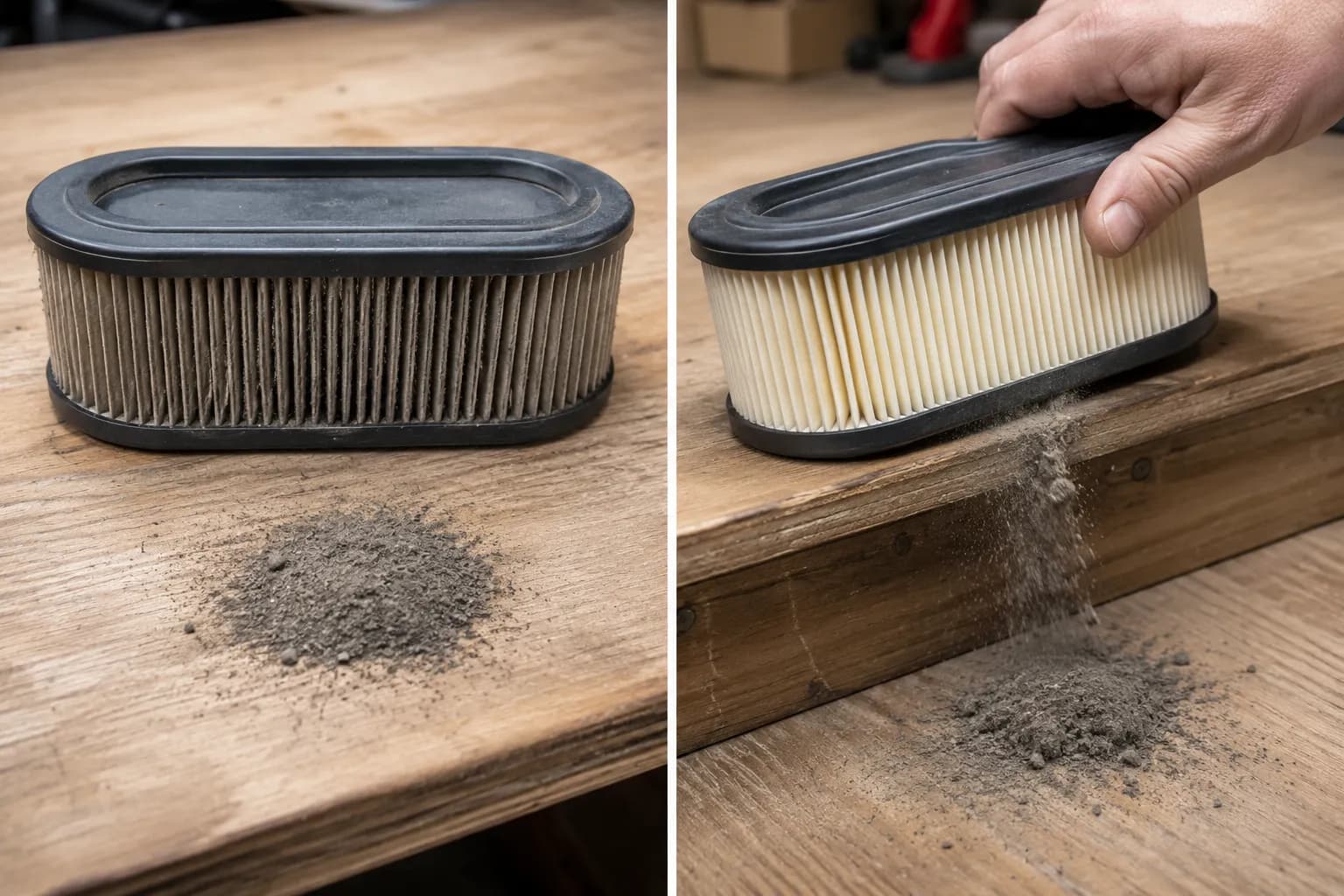 Side-by-side view of a GCV160 paper air filter before and after tapping, with a small pile of grey dust on the workbench beneath and a hand tapping the filter against the bench edge.