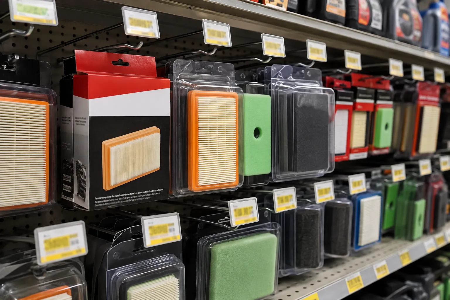 Peg display in a hardware store showing packaged lawn mower air filters with shelf price tags, including OEM-style and aftermarket options under bright retail lighting.