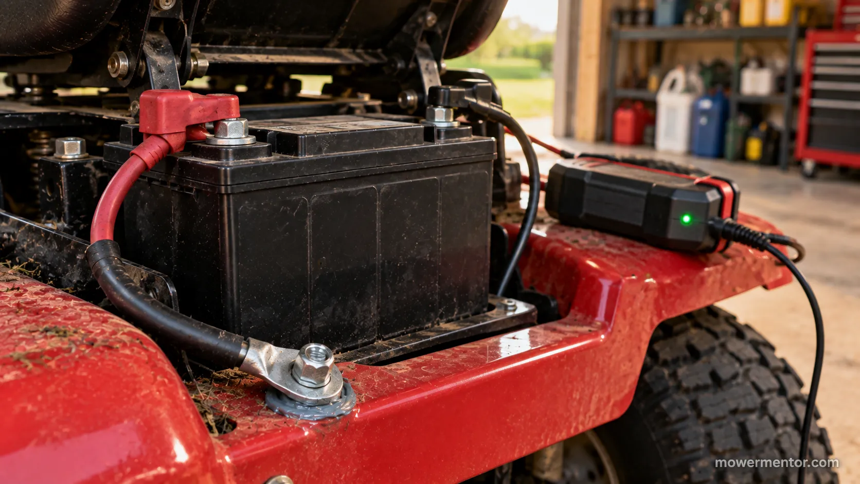 Riding mower battery on a maintainer beside a freshly greased ground lug for click prevention.