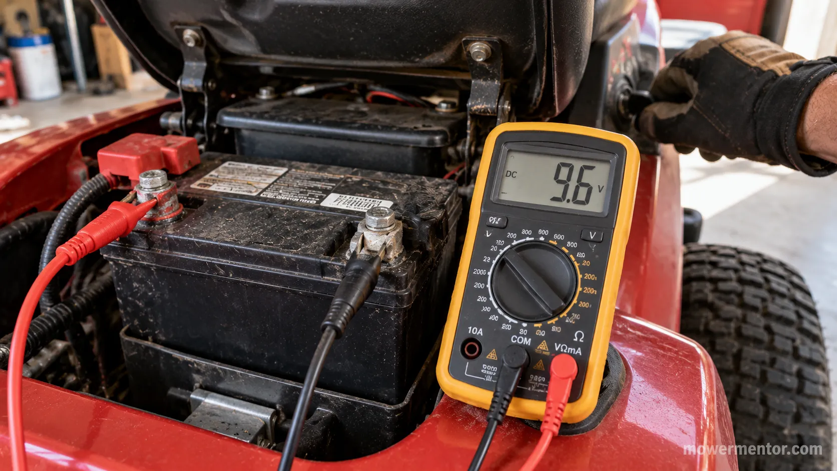 Multimeter showing a mower battery voltage dropping under cranking load