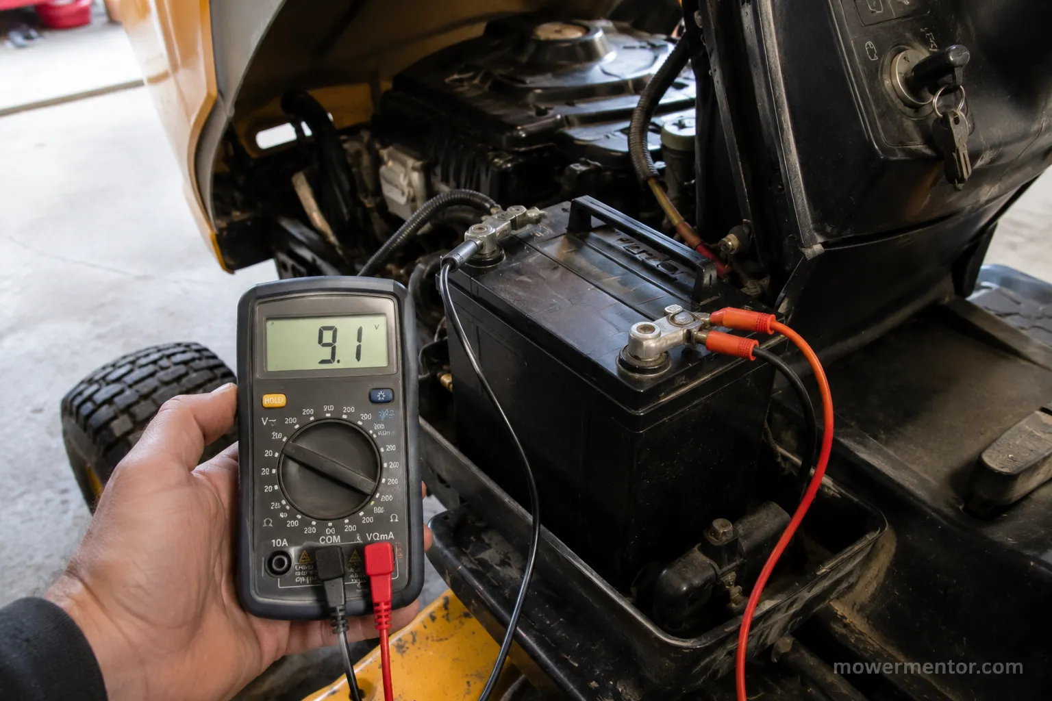 multimeter reading a new mower battery voltage sagging during cranking.