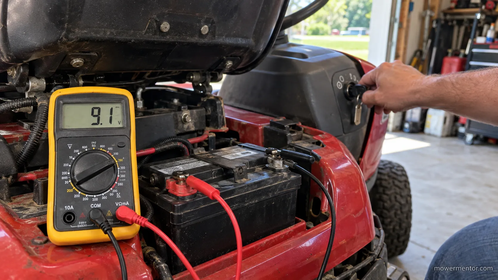 Multimeter showing 9.1 volts on a riding mower battery during a single-click no-start.