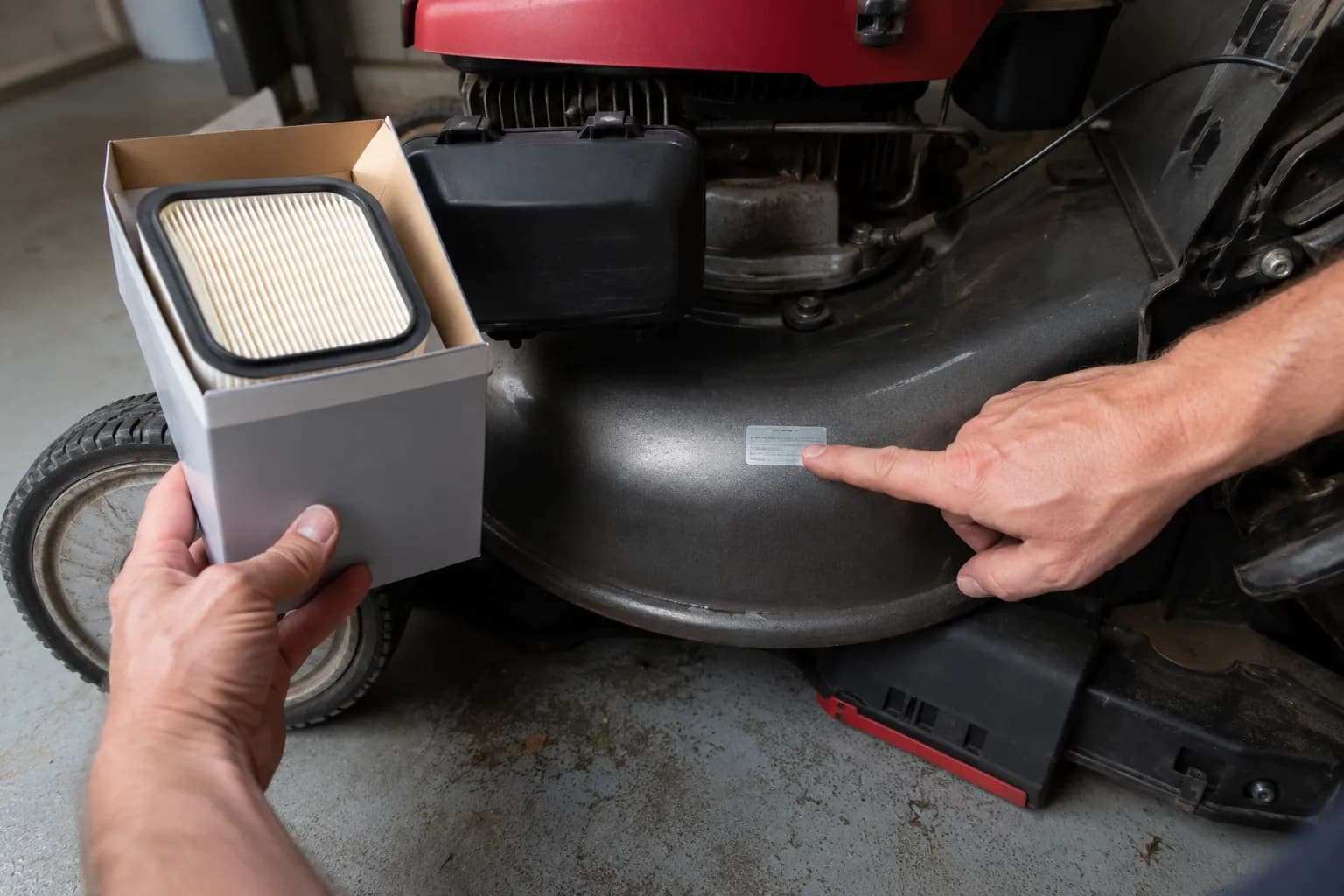 Hand pointing to a mower deck serial-number sticker while holding a replacement air filter box nearby to verify the correct OEM part before ordering.