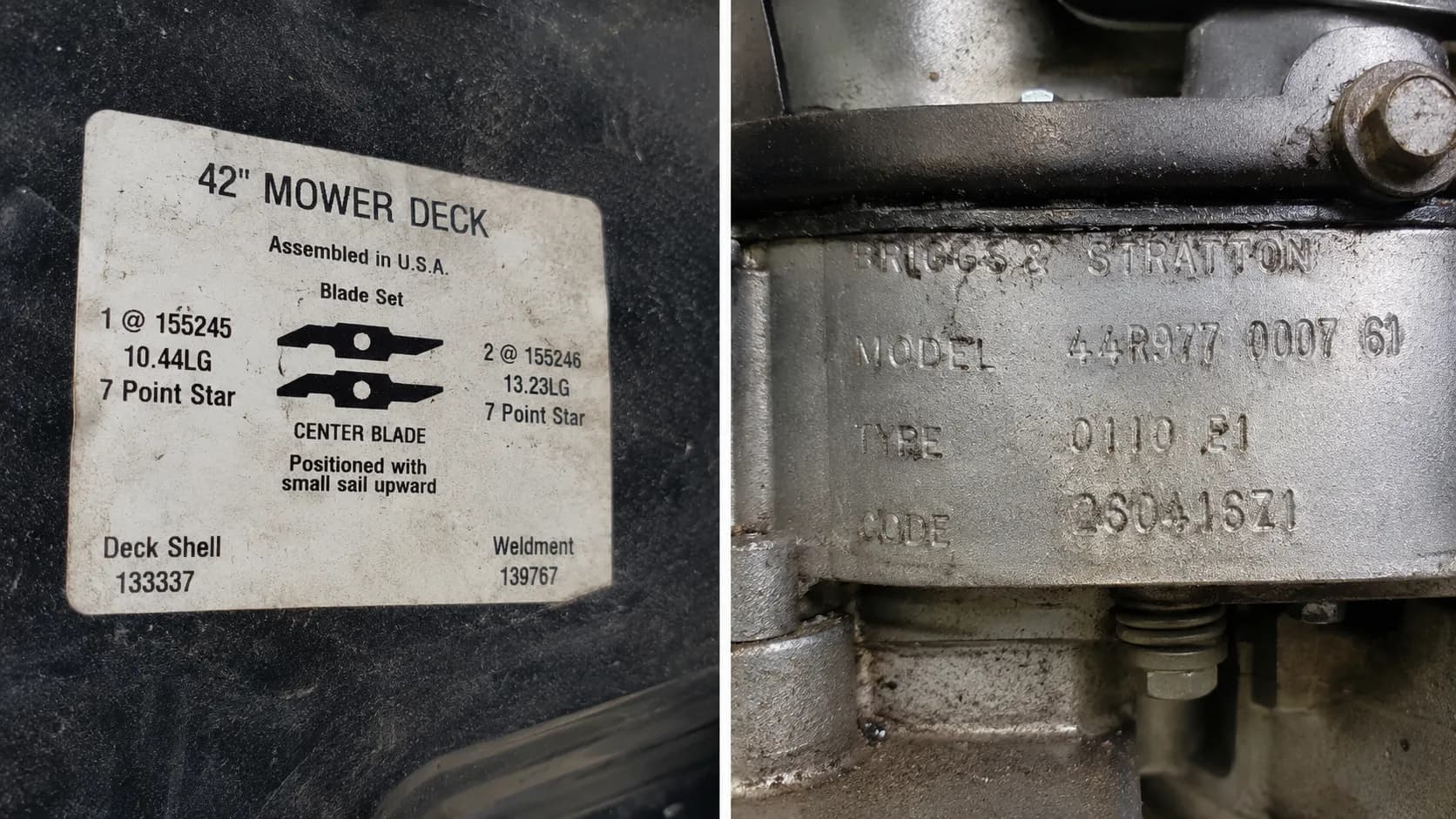 Side-by-side photo of a mower deck specification sticker and a stamped engine model identification block, illustrating conflicting mower deck and engine model information.