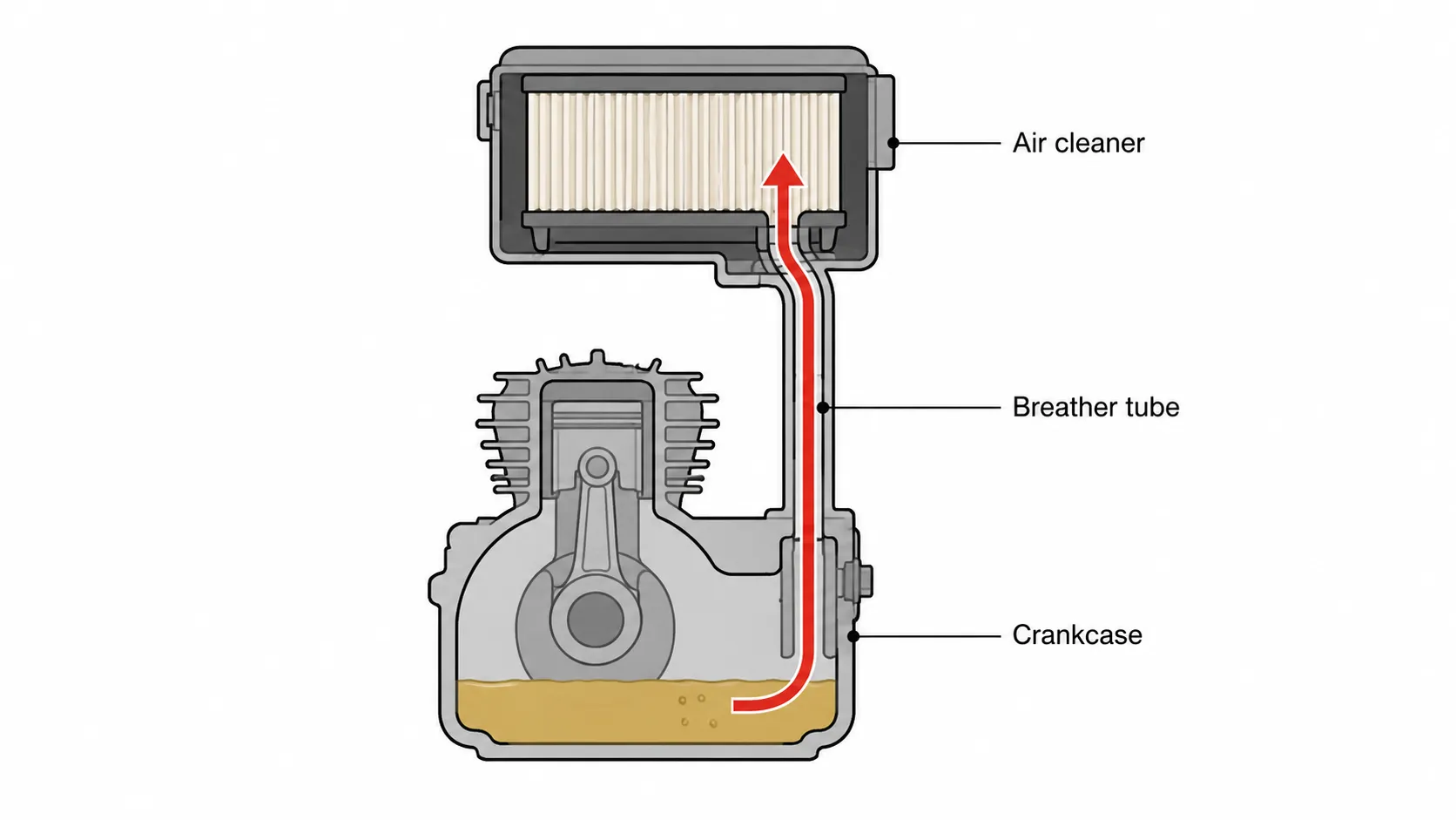 Cross-section diagram of a small mower engine showing oil traveling from the crankcase up the breather tube into the air cleaner, with labeled parts and a red directional arrow.