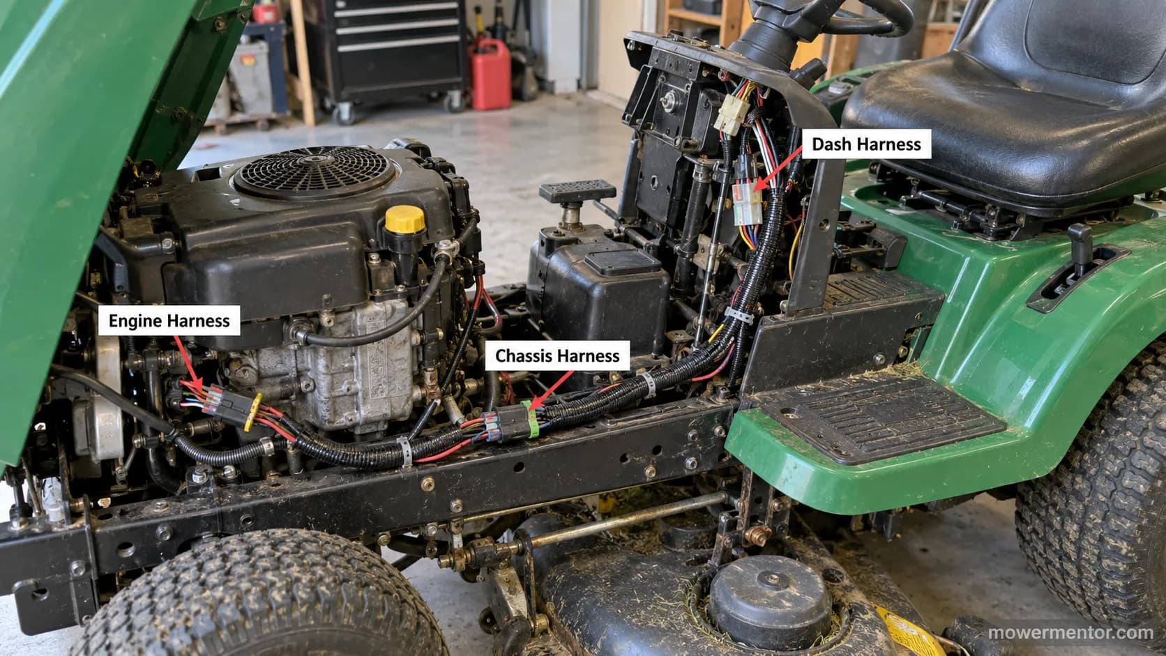 Riding mower wiring harness routed along the frame with engine, chassis, and dash sections labeled