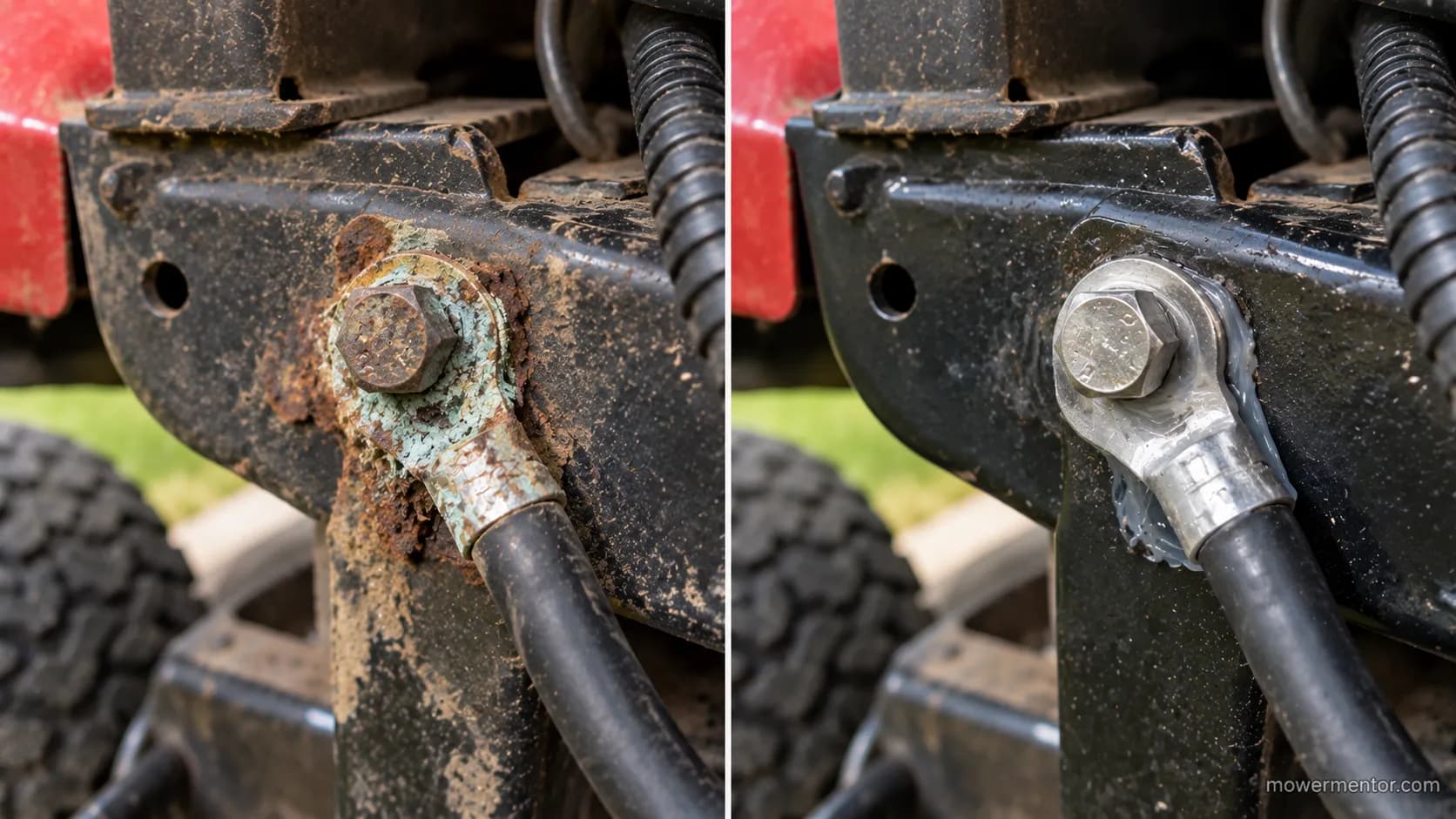 Corroded riding mower ground lug beside the same lug cleaned to bright metal and greased.