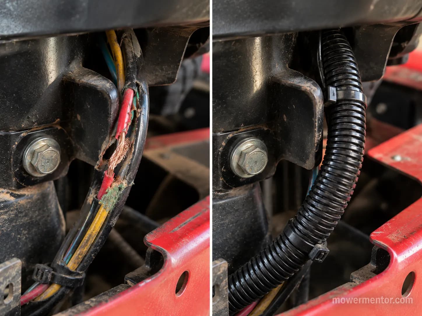 riding mower harness worn to bare copper on the left and re-loomed and secured on the right