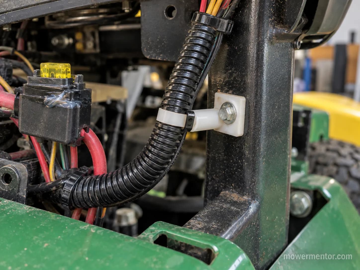 riding mower harness re-loomed and secured with a standoff clip away from the steering support