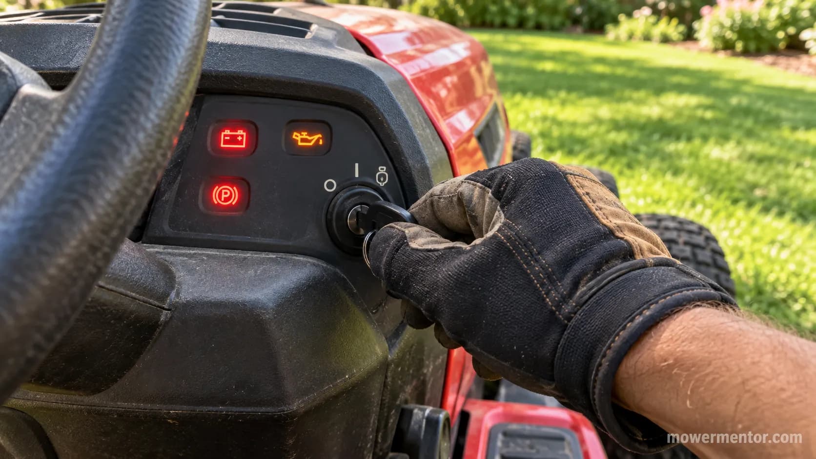 Turning the key on a riding mower that won't crank while the dash lights stay on