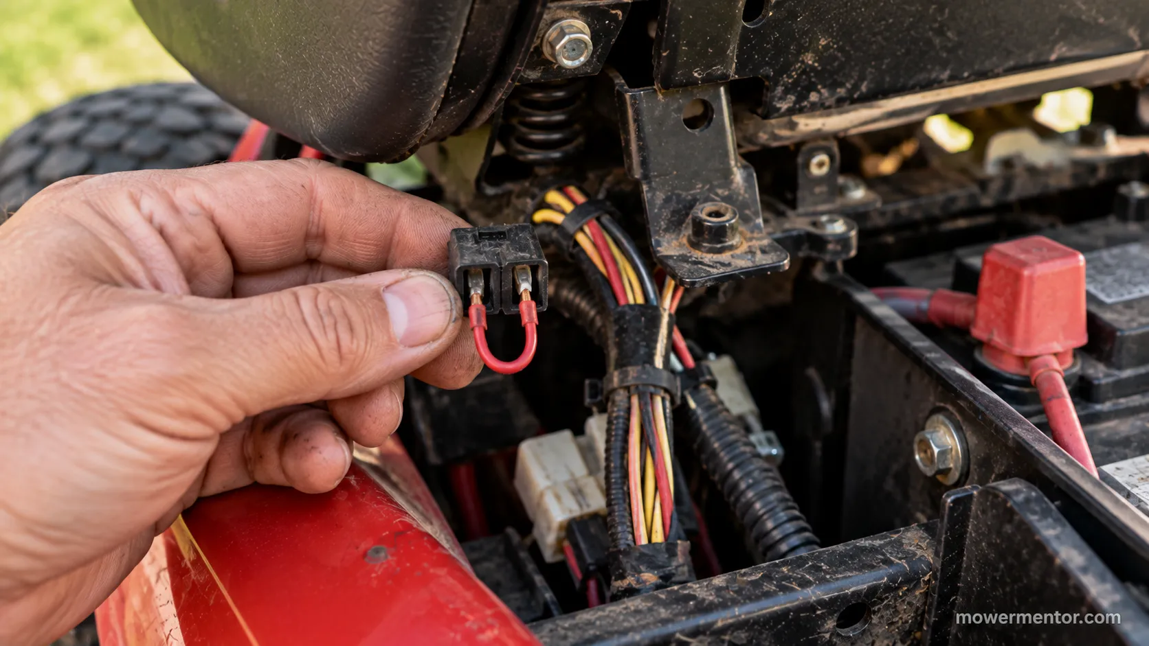 Jumper wire bridging an unplugged riding mower seat-switch connector to restore the start signal.
