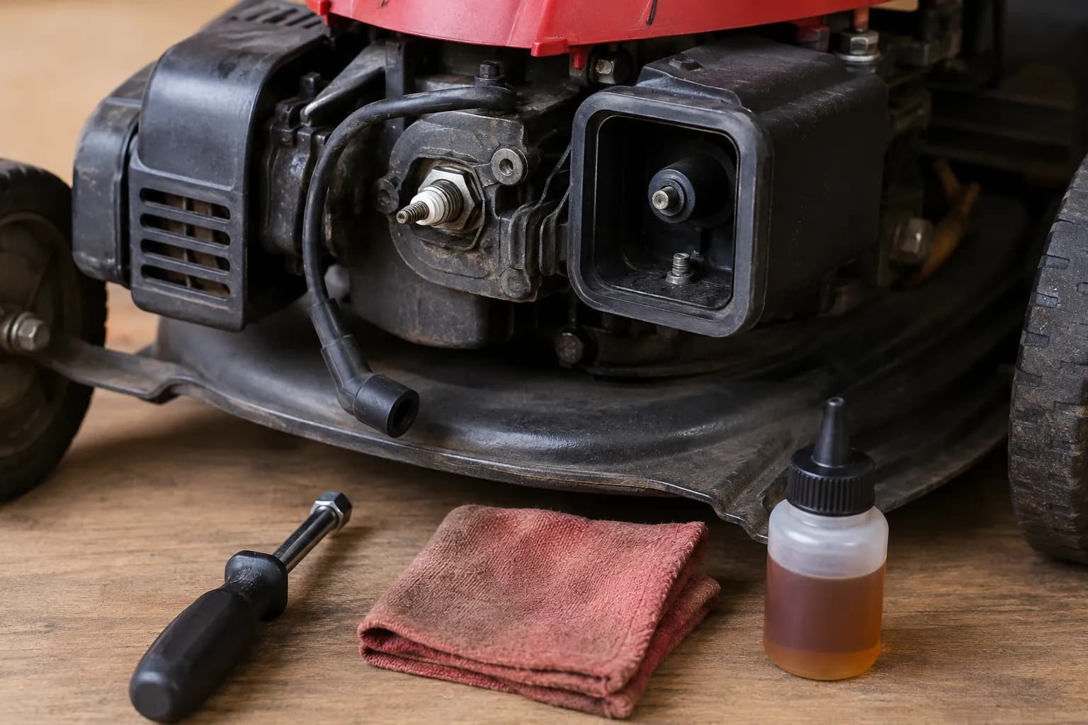 Close-up of a lawn mower engine with the spark plug lead disconnected, air cleaner cover removed, and a nut driver, shop rag, and filter oil neatly arranged on the workbench.