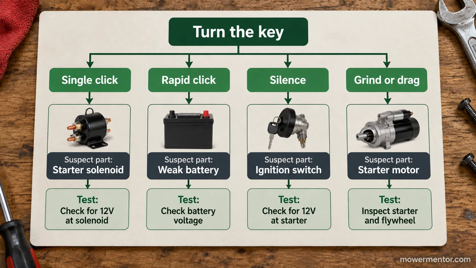 Lawn mower no-crank decision tree routing starter, solenoid, and battery by sound