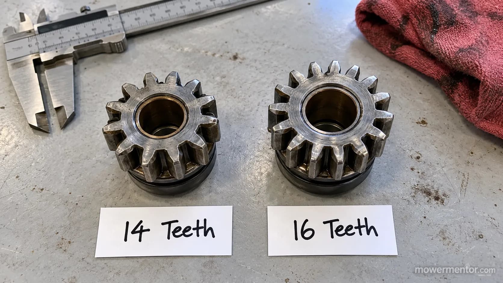14 tooth versus 16 tooth lawn mower starter pinion comparison.
