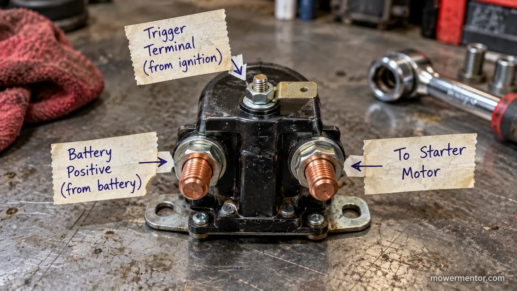 Riding mower starter solenoid with two large posts and one small trigger terminal labeled on a workbench.