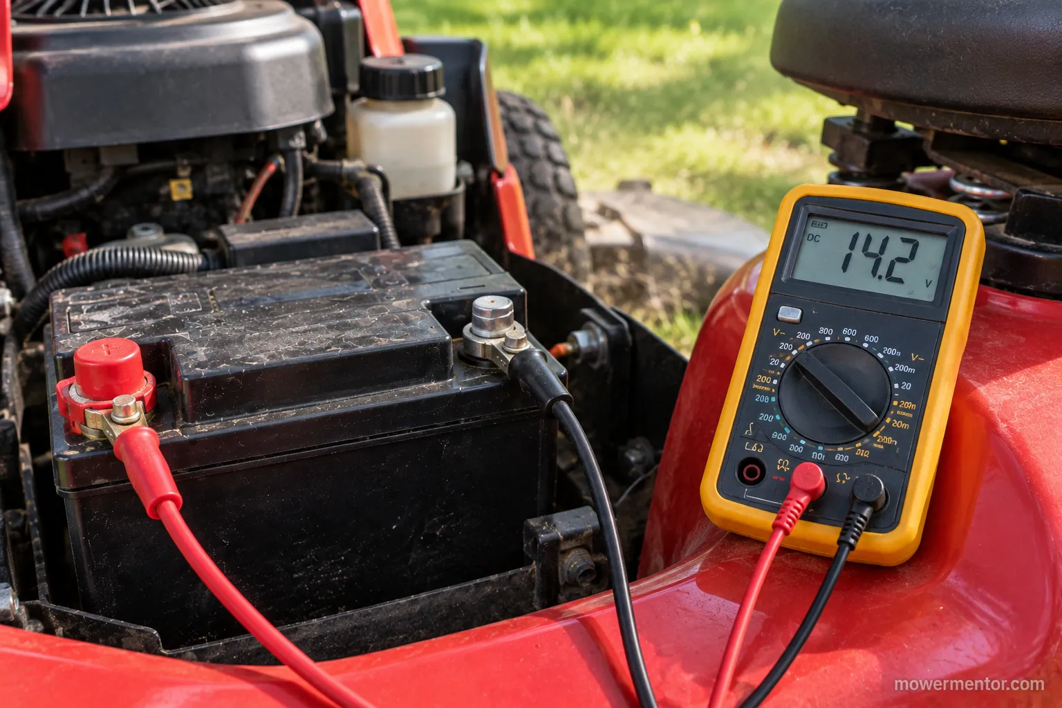 Multimeter clipped to a Husqvarna riding mower battery reading charging voltage with the engine running.