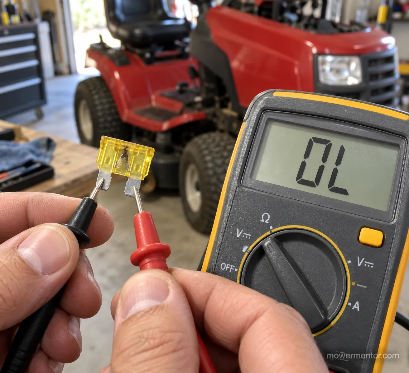 multimeter reading OL across a blown lawn mower blade fuse held between two probes